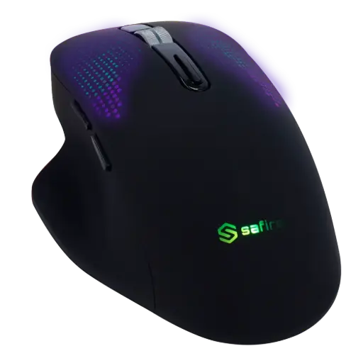 Souris optique sans fil Safire Fréquence: 2.4GHz RF Boutons latéraux pour un défilement rapide Molette de défilement avant et après l'affichage Réglage de la résolution DPI