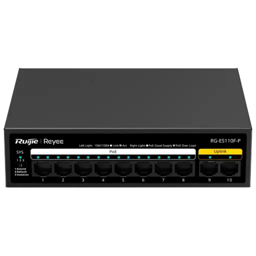 [REY-RG-ES110F-P] Reyee Switch PoE de bureau Boîtier métallique 8 ports RJ45 10/100 Mbps PoE+ 802.3af/at 2 ports de liaison Uplink RJ45 10/100 Mbps Plug and Play Technologie d'économie d'énergie